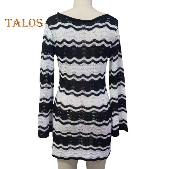 Women's Swimwear Cover-Up Striped Crochet Hollow Out Mesh Beach Dress V-Neck Tie Front Long Sleeve Summer Bathing Suit for Beach Vacation