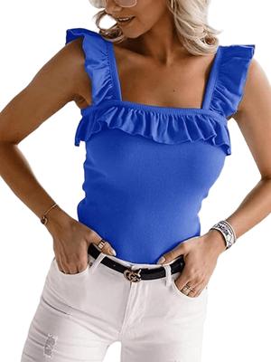 Women's Ruffle Strap Camisole Square Neck Sleeveless Knit Top Solid Summer Tank