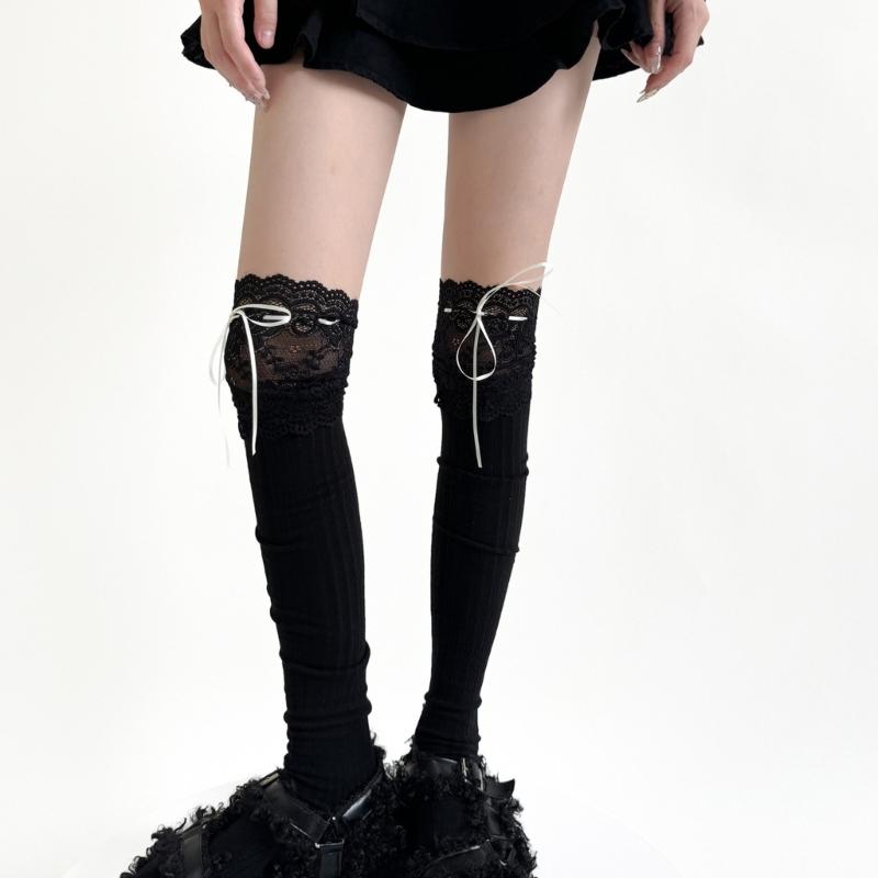 Ribbed Knit Striped Over Knee Long Socks for Women Japanese Student Sweet Bowknot Lace Splicing Thigh High Stockings