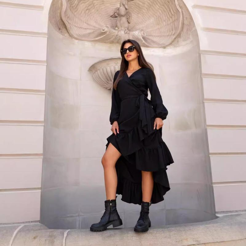 Herbst Damenkleid V-Ausschnitt Langarm Print Unregelmäßiges Kleid