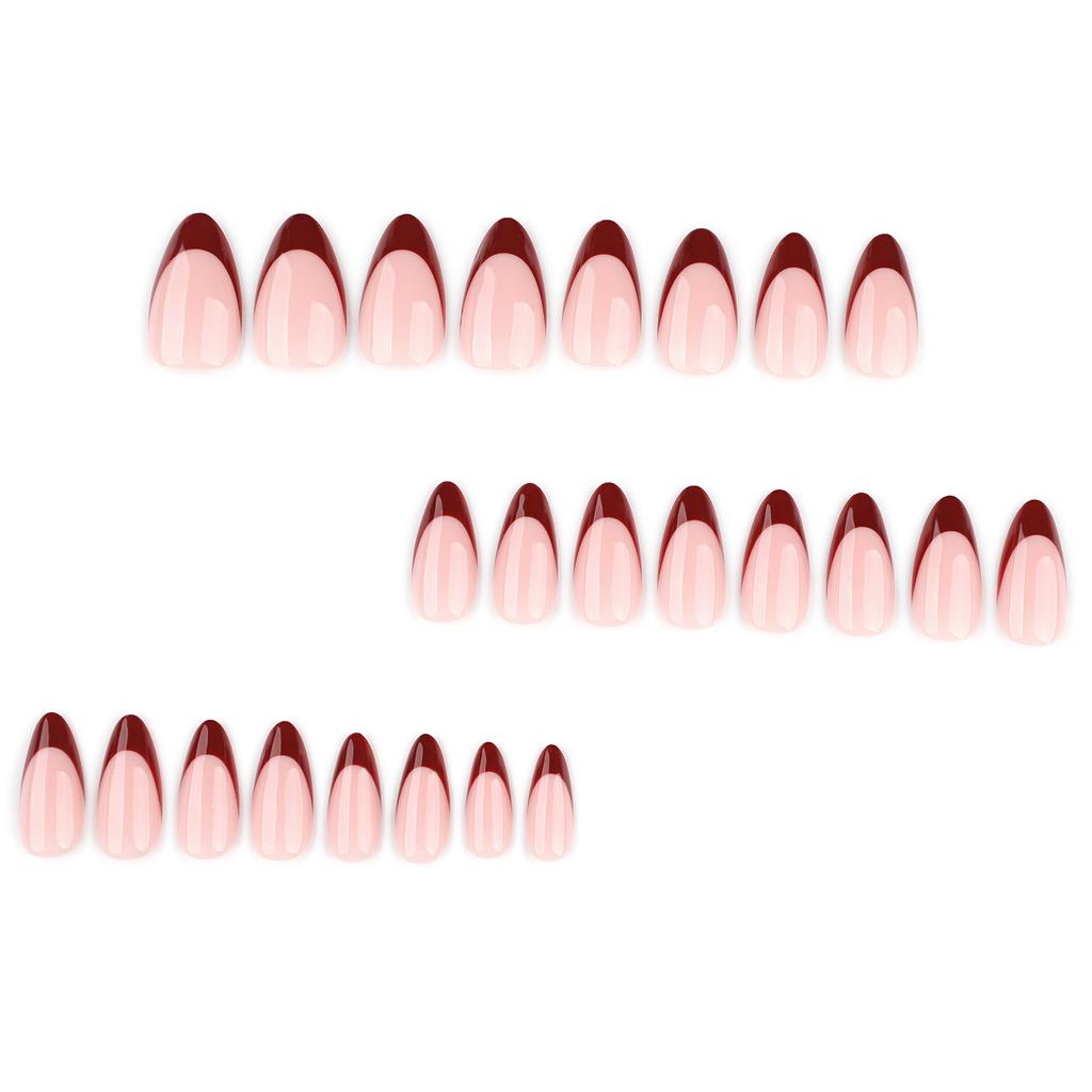 24Pcs French Wine Red Almond Press On Nails Durable Scratch Resistant Manicure Tool For Party Wedding Daily Use