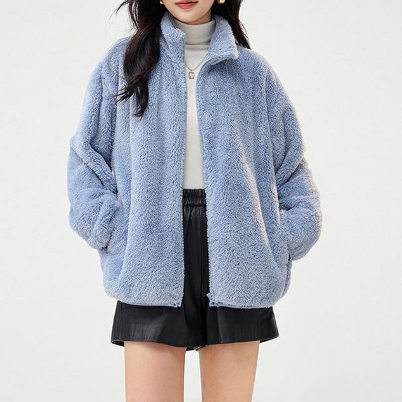 Autumn and Winter New Loose Double-sided Fleece Sweater Women's Pink Coral Fleece Warm Jacket Stand-up Neck Cardigan Fleece Trendy