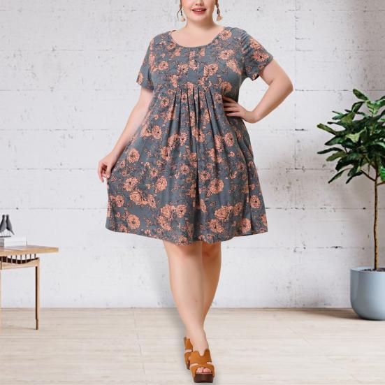 Women Dress Round Neck Short Sleeve Pleated Detail Short Dress Floral Print Flowy Hem Loose Fit Dress Plus Size