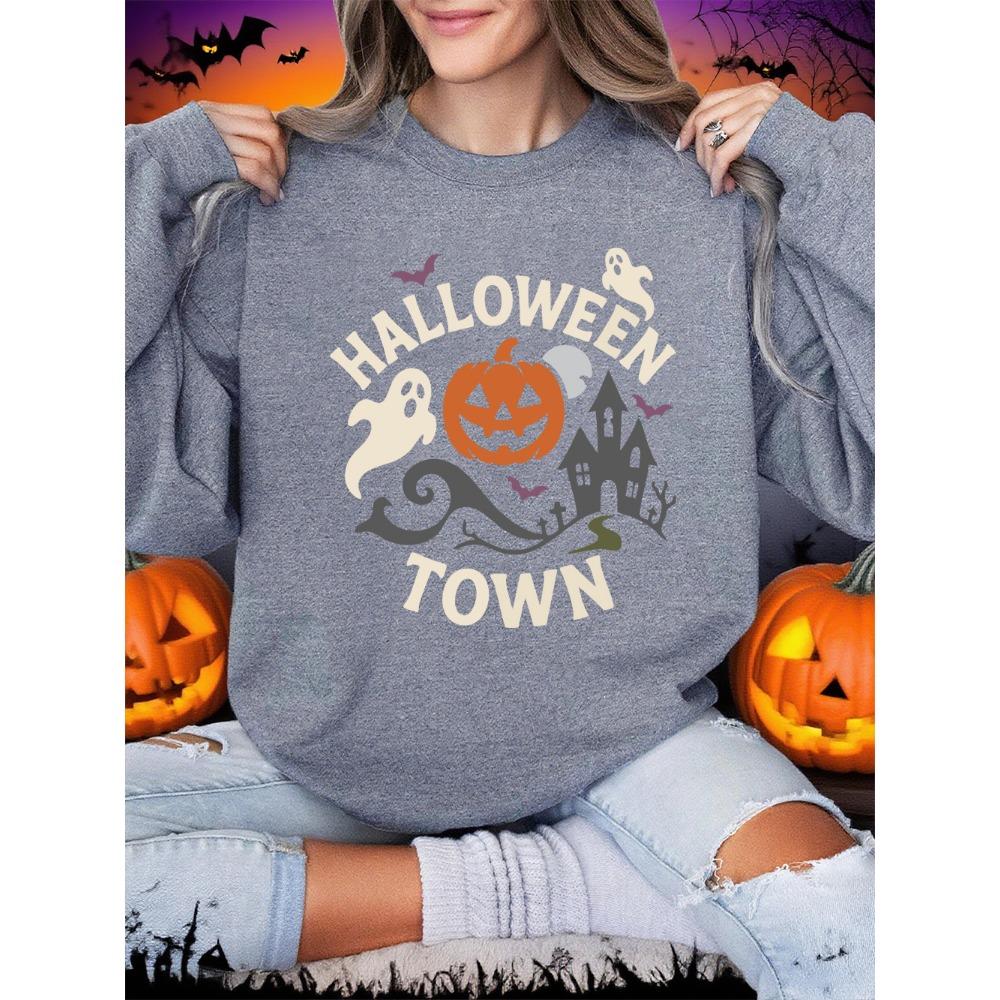 

Halloween Town Pumpkin Lantern Prints Sweatshirts Women Loose Basics Hoodies Warm Crewneck Clothes Winter Casual Pullover XL