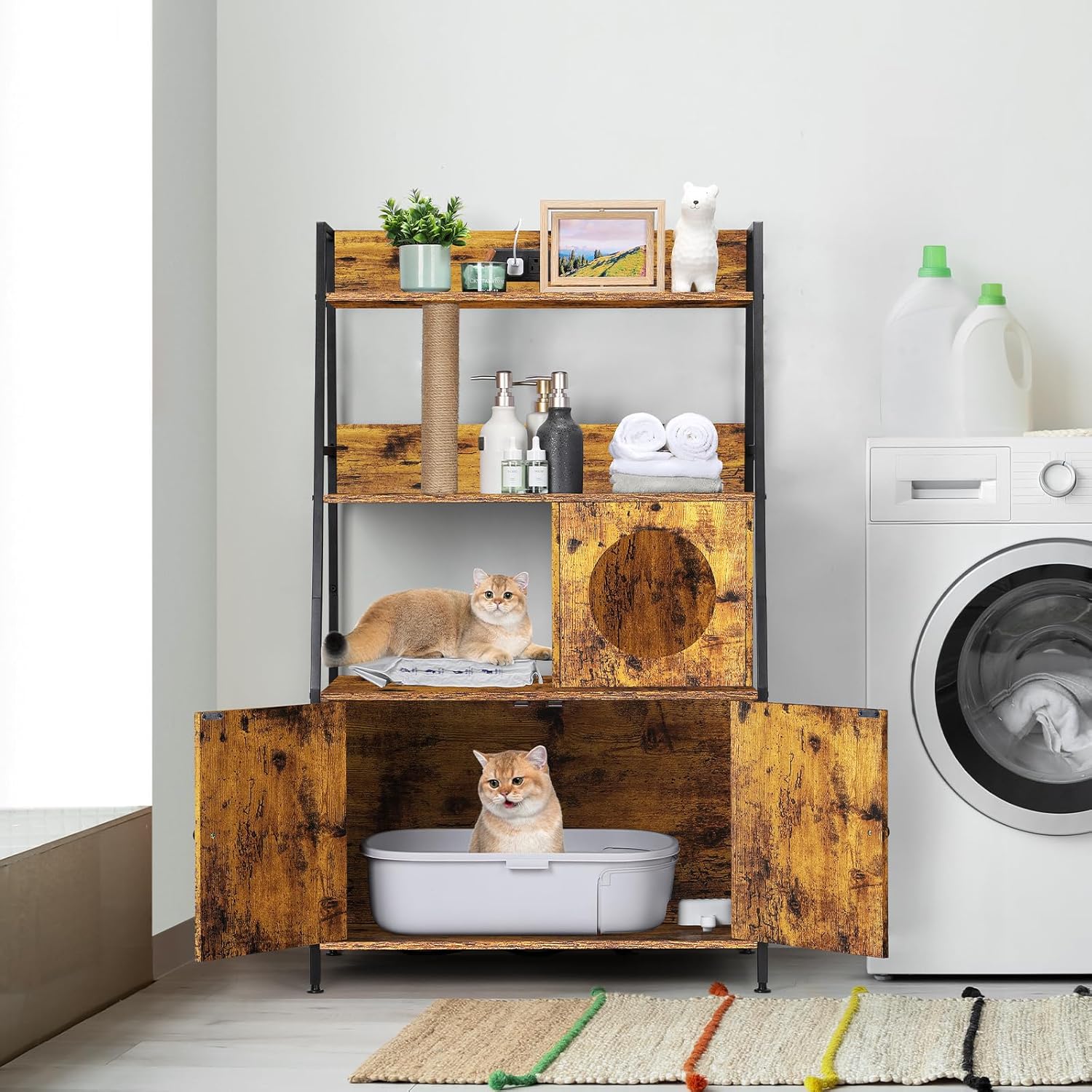 Cat Litter Box Enclosure with 2 Storage Shelves Enclosure Furniture with Charging Station,Cat Washroom with Cat Tree Tower - коричневый