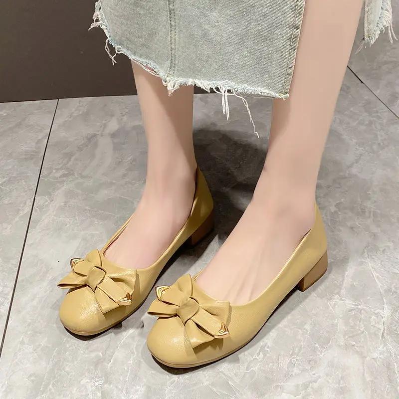 Fashion Women's Shoes Square Heels Toe Ladies Pumps with Bow Medium Popular Wholesale Chic Point on Sale Stylish High Quality Footwear