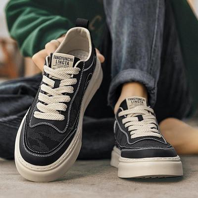Men's Black Canvas Skate Shoes, Breathable & Anti-Odor, Non-Slip, Height-Increasing, Low-Top Casual Sneakers for Summer.