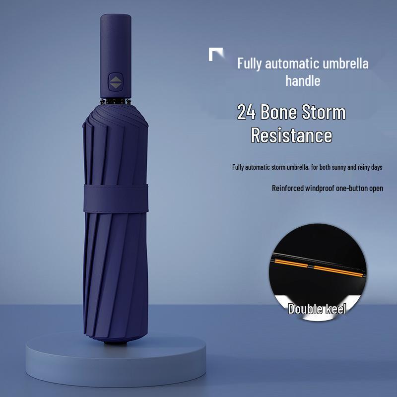 Vollautomatischer dreifach faltbarer UV-Schutz-Schirm mit schwarzem Kleber und Logo für Regen oder Sonne