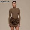 Women's Autumn Winter New Style Solid Elegant Casual Slim Fit Crew Neck Long Sleeve Ruffled Mini Dress