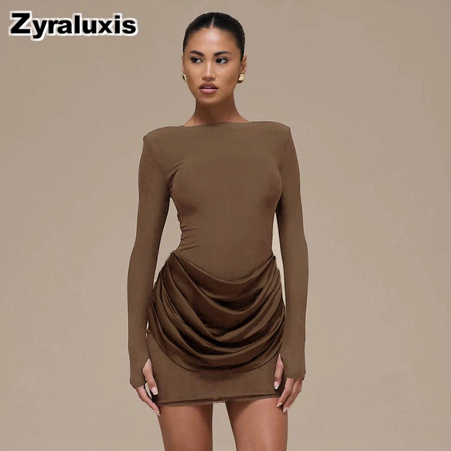 Women's Autumn Winter New Style Solid Elegant Casual Slim Fit Crew Neck Long Sleeve Ruffled Mini Dress