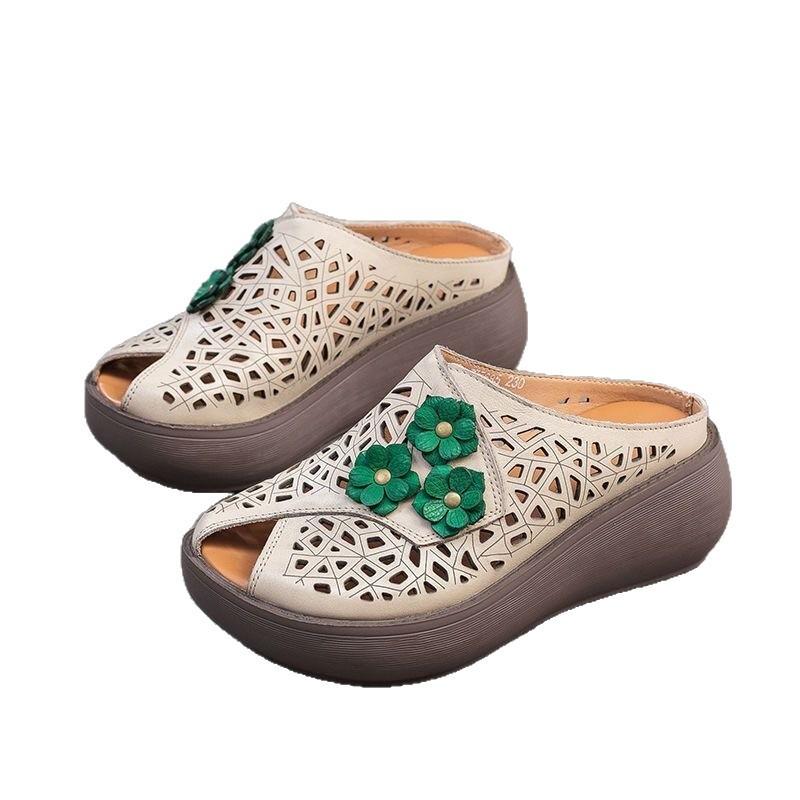Thick-soled Soft Leather Slippers Women's 2025 New Breathable Summer Fish Mouth Handmade Flowers Retro Ethnic Style Hollow Sandals