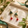 Cute Xmas Theme Earrings 1 Pair Christmas Tree for Women, Colorful Rhinestone Shaped Gold Tone Enamel with Red Bead Charm, Winter Holiday Jewelry