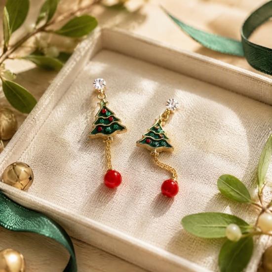 Cute Xmas Theme Earrings 1 Pair Christmas Tree for Women, Colorful Rhinestone Shaped Gold Tone Enamel with Red Bead Charm, Winter Holiday Jewelry