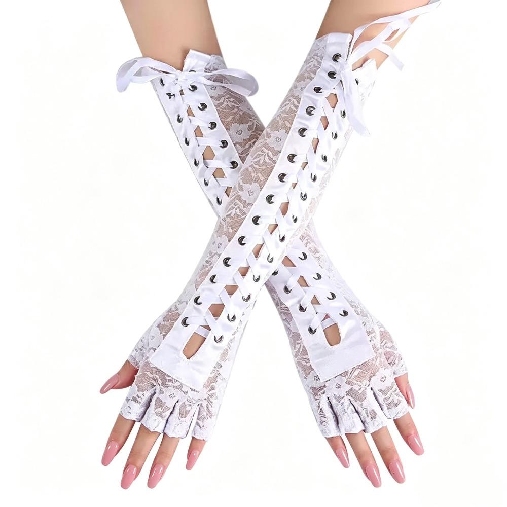 JK Lace Strap Gloves Long Gloves Lolita Women Gloves Cute Ribbon Half Finger Gloves Nightclub белый