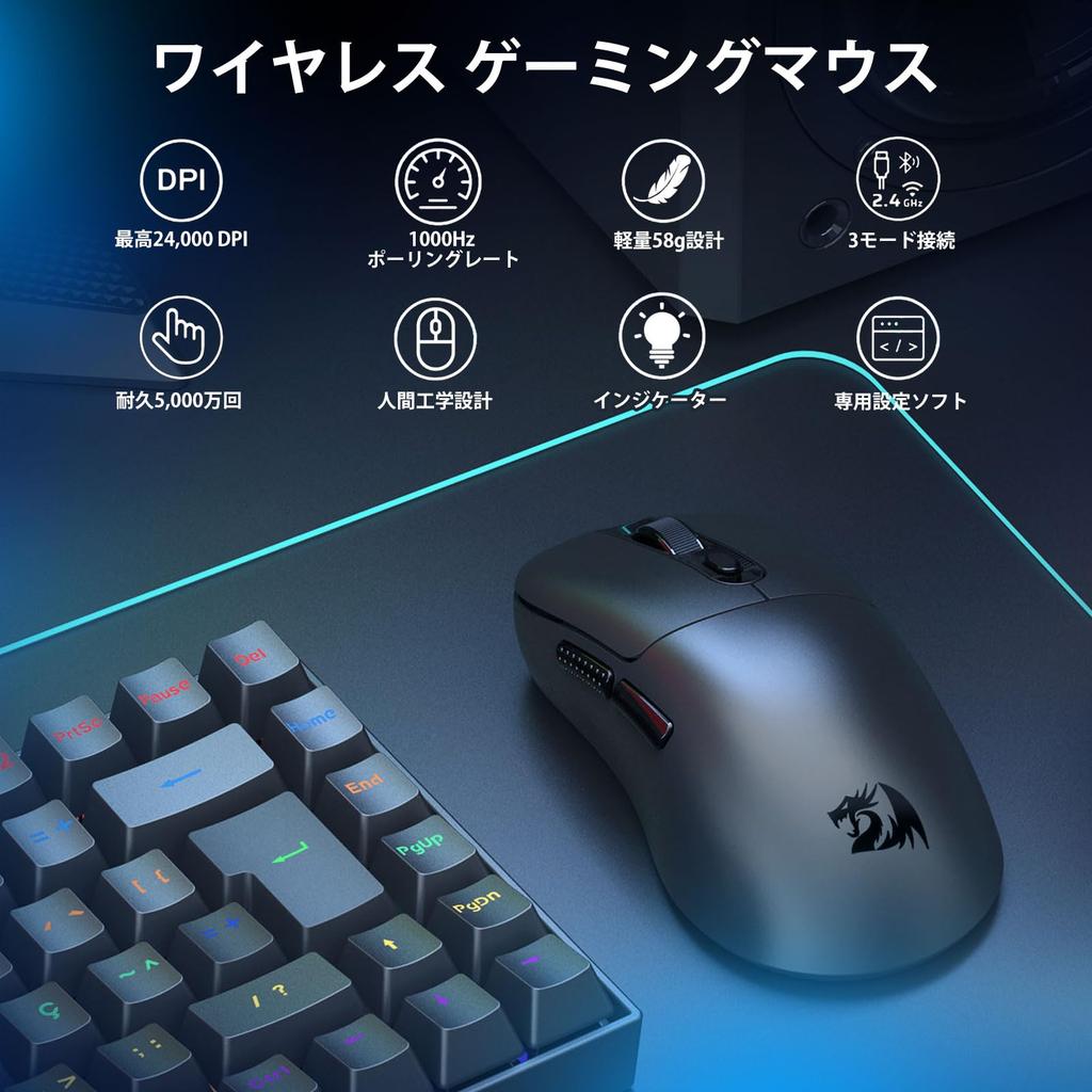 Redragon M818 Wireless Gaming 24000 Equipped with PAW3311 6 Programmable Software Compatible for Mouse, Ultra-Lightweight (58g), DPI, BT/2.4G/USB-C