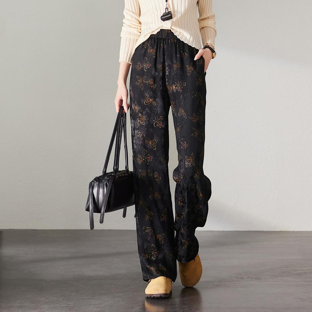Chinese style butterfly printed casual wide leg pants for women in spring 2026, fashionable, loose and versatile, slimming and floor hugging pants