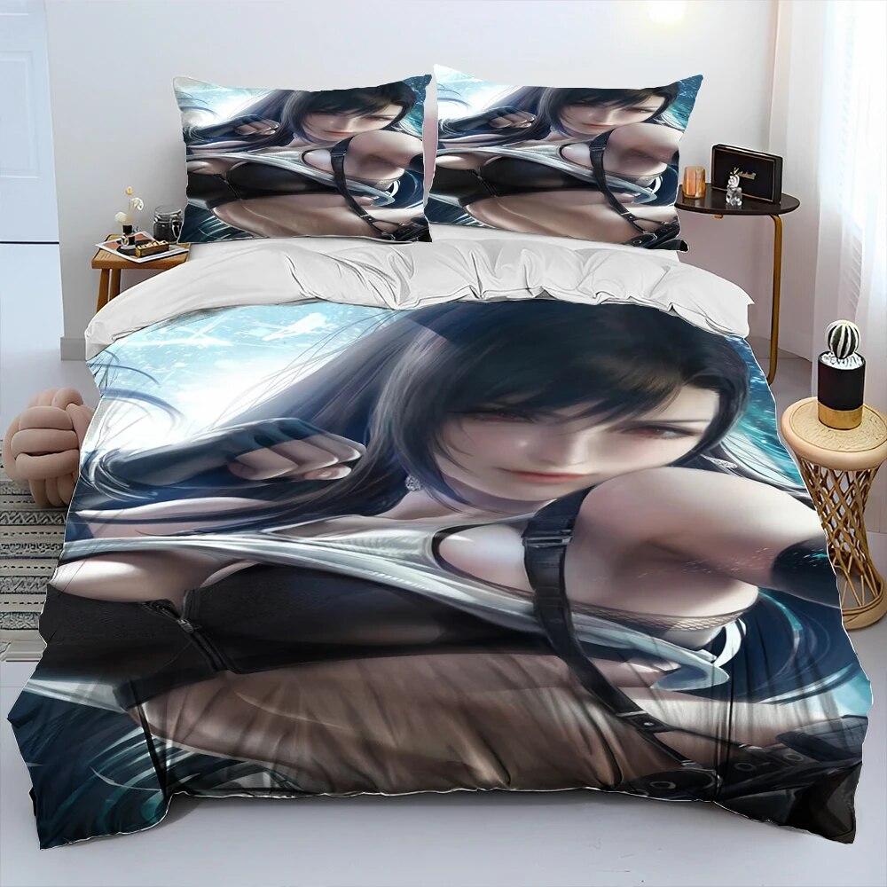 Tifa Aerith Sexy Girl Lace Cartoon Game Comforter Bedding Set,Duvet Cover Bed Set Quilt Cover Pillowcase,Queen Size Bedding Set