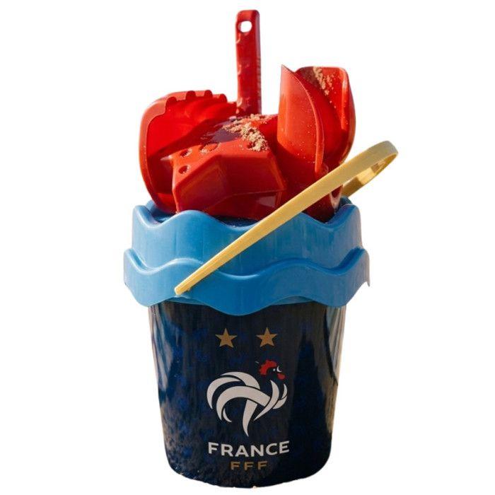 Seau de plage garni - Équipe de France FFF - pelle & râteau - 2 moules étoiles - bleu/rouge/jaune