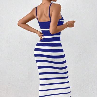 Women's Spring Summer Striped Sweater Dress Casual Sleeveless Ribbed Bodycon Midi Dresses for Women Spaghetti Strap Knit Fit Backless Long Dresses