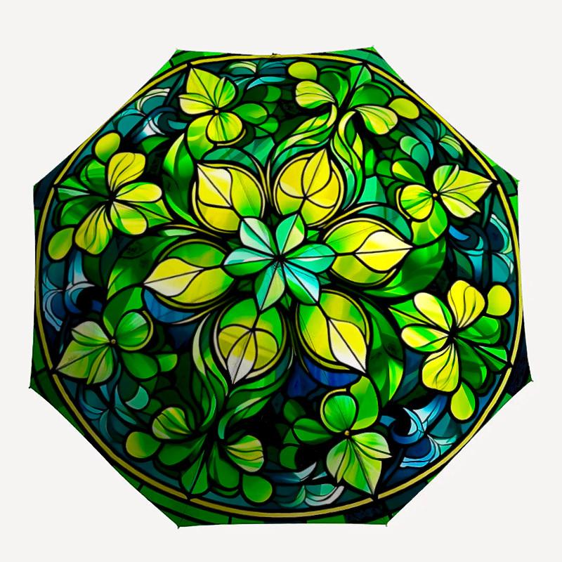 

1pc Stained Glass Clover Automatic Folding Umbrella - 8-Rib Compact Travel Umbrella Durable & Portable for Outdoor Use, Perfect Gift for Birthdays127