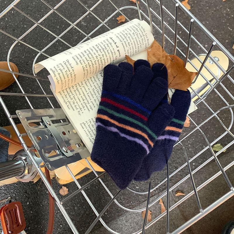 New Striped Five Finger All Inclusive Split Finger Gloves for Female Students In Winter Cycling Warm Windproof and Touch Screen Ski Gloves