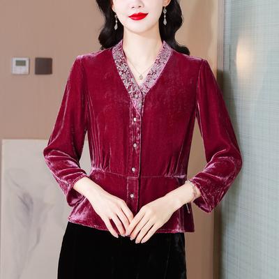 Yeni Gömlek Kadın Sonbahar Yeni Altın Kadife Gömlek Dut İpeği Üst