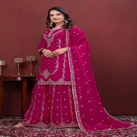 Festive Magenta Embroidered Sharara Dress Set S