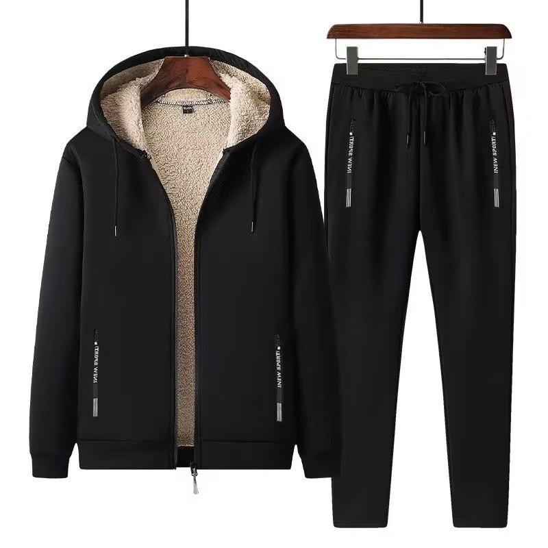 Men's 2024 Autumn/Winter Fleece-Lined Lambswool Hooded Two-Piece Set (Plus Size Available)