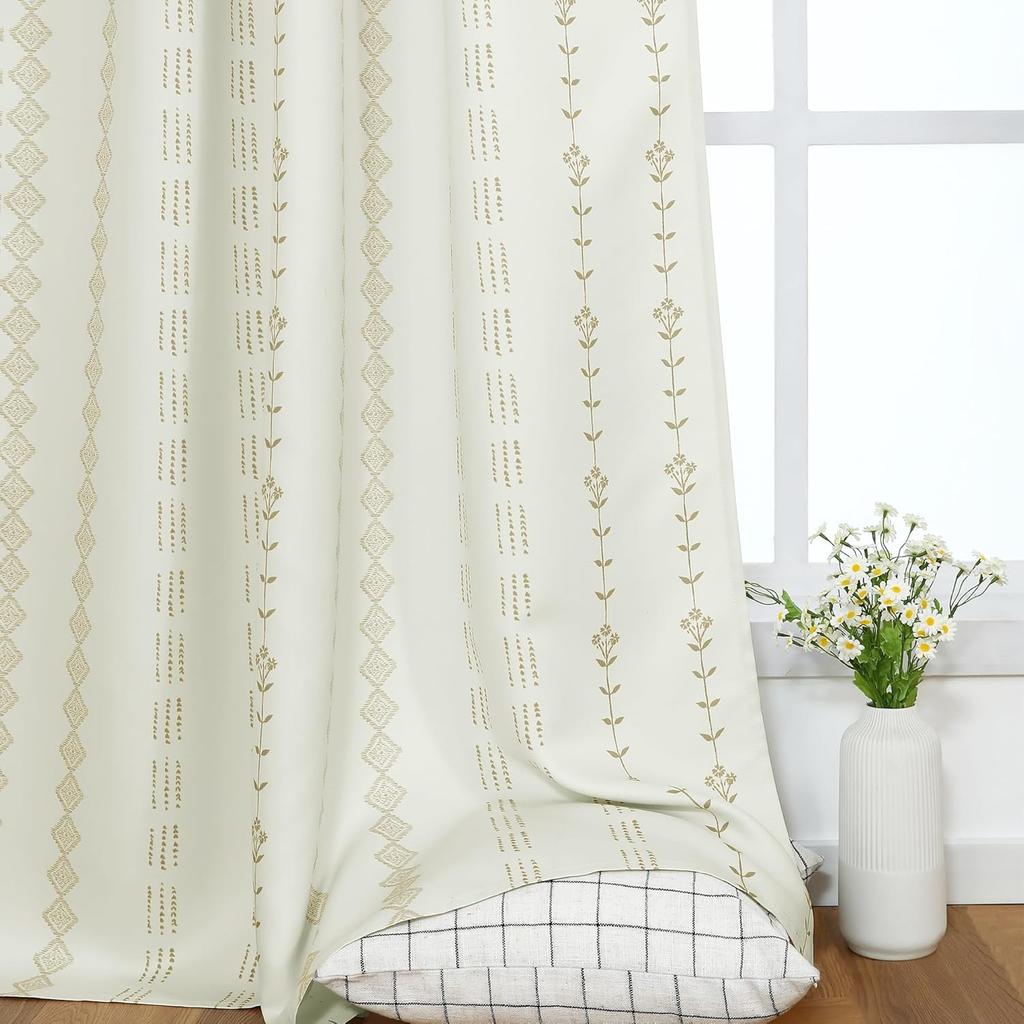 Kitchen Curtains 45 Inch Length for Farmhouse Window Over Sink,Vintage Boho Floral Pattern Pleated Beautiful Cafe Curtains,Beige