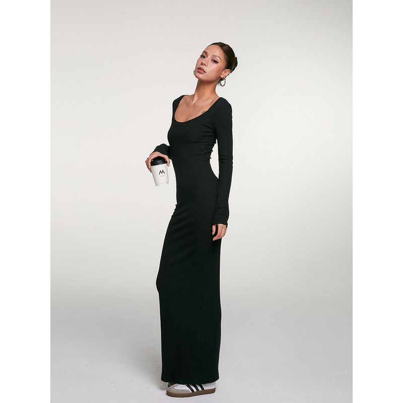 Discoglam Temperament Waist-Controlled U-Neck Dress Silm Slim Looking Black Sheath Long Dress for Women Spring & Fall