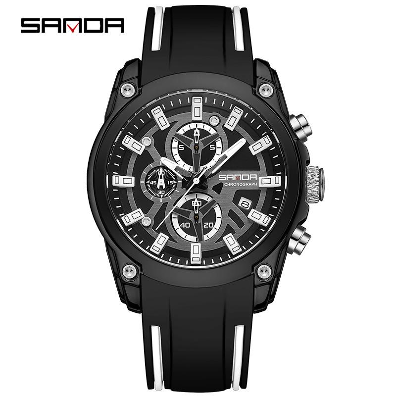 Sanda Men s Waterproof Quartz Watch: Trendy Silicone Strap, Six Hands, Calendar Feature