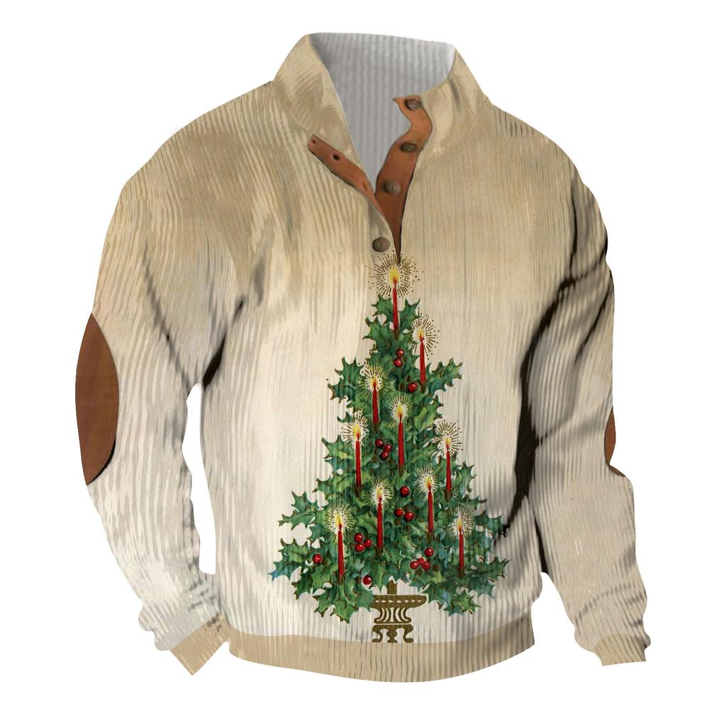 Christmas Print 3-button - Men's Stand Up Collar Sweatshirt, Outdoor Casual Hoodie With Buckle