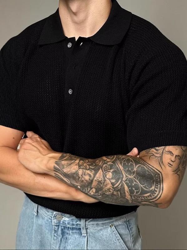 Men's Summer Honeycomb Texture Knitted Polo Shirt with Turn-Down Collar - Breathable Casual Short Sleeve Top