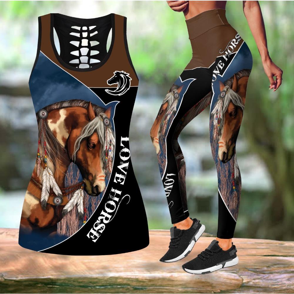 Horse Native Indian 3D All Over Printed Hollow Tank Top Leggings Set Fitness Female Full Length Leggings Running Pants S
