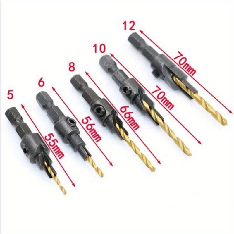 6pcs Countersink Drill Woodworking Drill Bit Set Drilling Pilot Holes For Screw Sizes #5 #6 #8 #10 #12 With a Wrench Tools