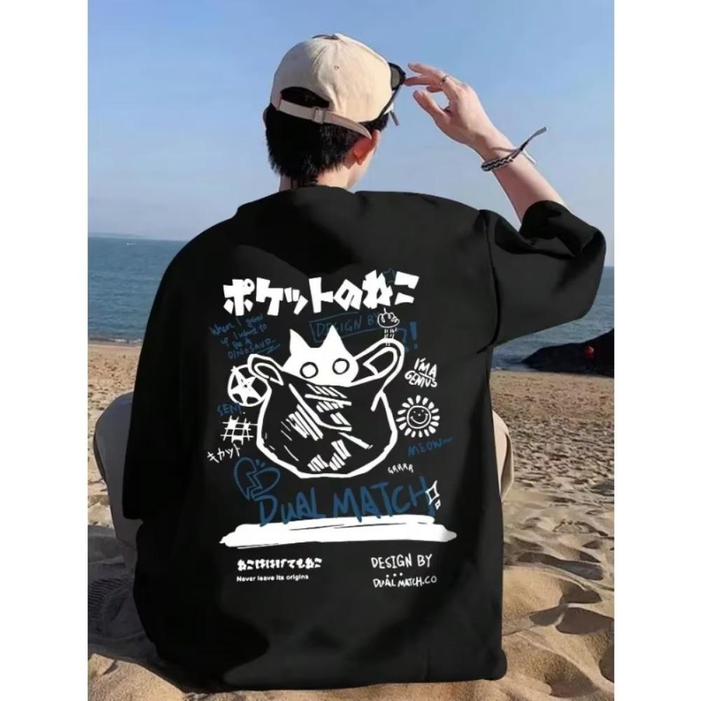 Men's Summer Cartoon Interest Printed Casual  T-Shirt Fashion Round Neck Short Sleeve Loose Large Couple Street T-shirt