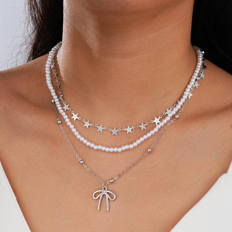 3Pcs/Set New Fashion Metal Bow Pendant Necklace for Women Simple Five Pointed Star Imitation Pearl Beaded Chain Necklace Jewelry