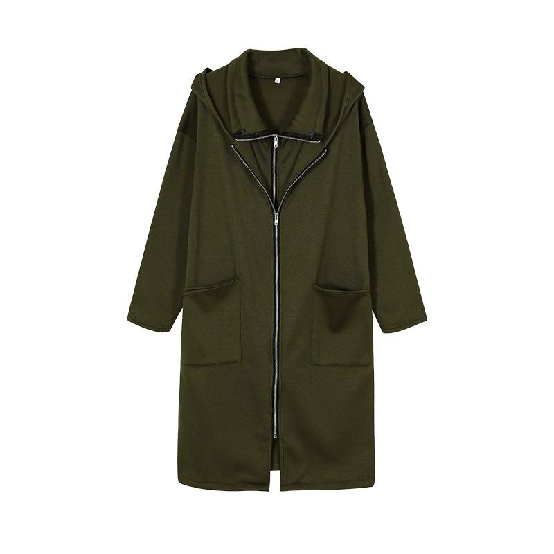 Hooded Pocket Hoodie Zipper Mid Length Fake Two Piece Loose Jacket for Women