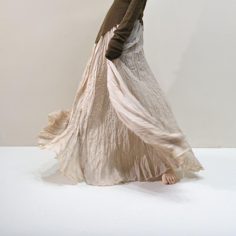 Women's Linen Maxi Skirts Summer Boho Solid Beach Elastic High Waist Pleated A-Line Flowy Swing Long Maxi Skirts Elastic Waist Long Skirt for Women