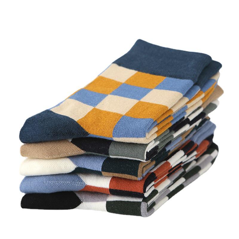 Men's Fashion Plaid Cotton Socks - Casual Business Autumn/Winter Style, British Trendy Mid-Calf, Colorful Design