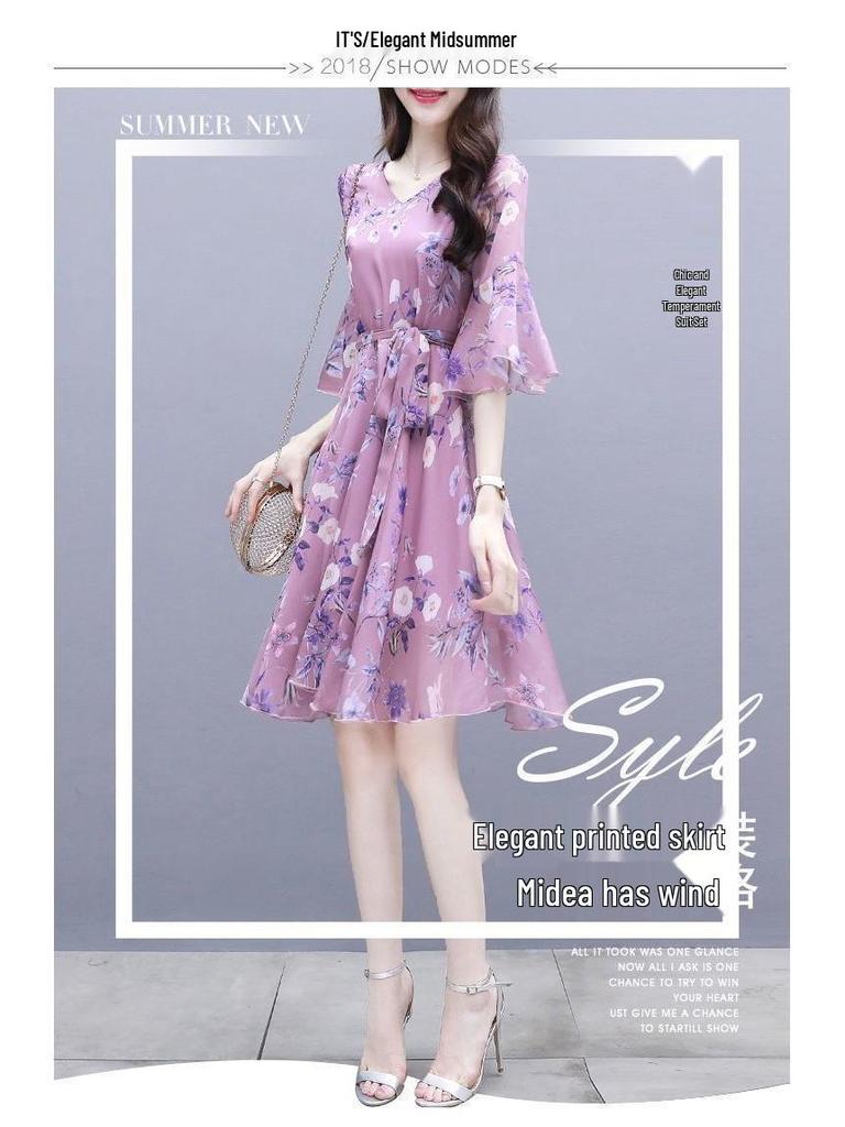 2025 Summer Women's Slim Waist Midi Floral Dress