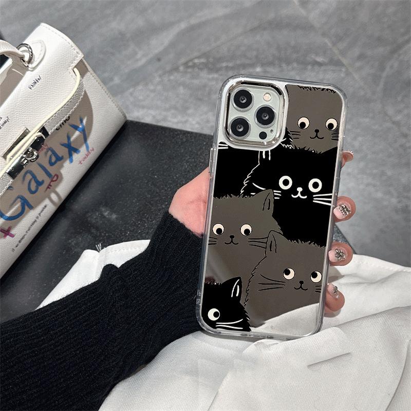 Silver Frame Mirror Phone Case for iPhone 15/14/13/12 Pro Max with Three Cat Design