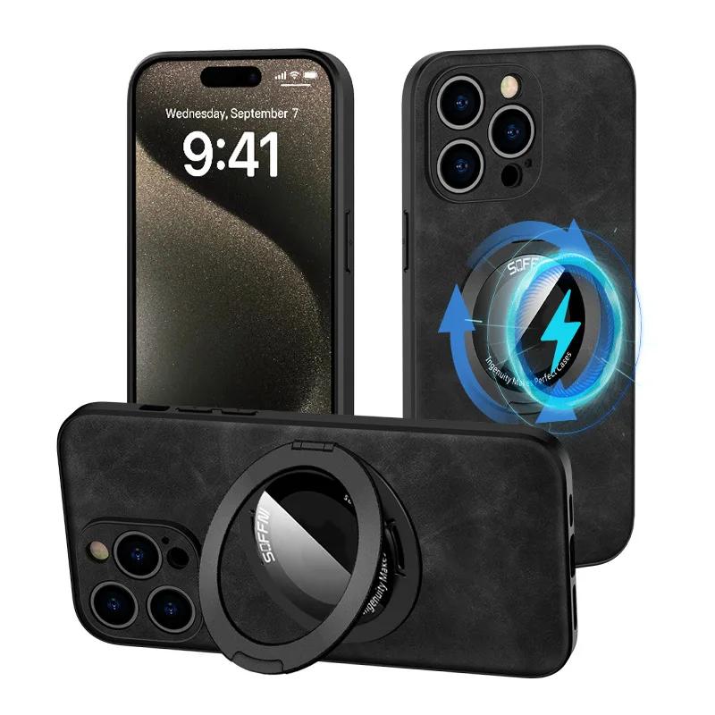 360 Magnetic Ring with Kickstand Luxury Leather Phone Case for IPhone 15 14 13 12 11 Pro Max Holder Protective Shockproof  Cover