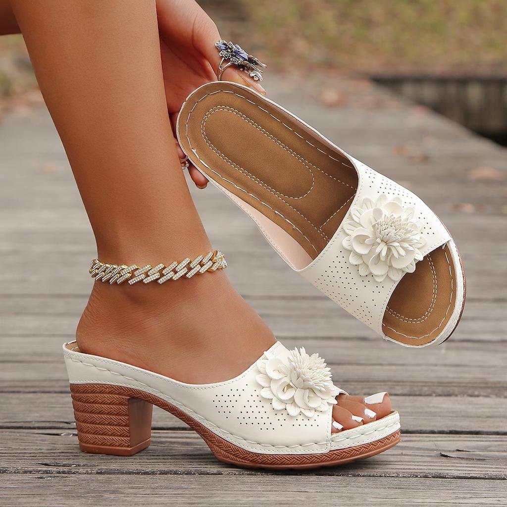 Women's Wide Width Roman Style Sandals, Floral Decor Lightweight Platform Slides, Minimalist Wedge Slippers for Women