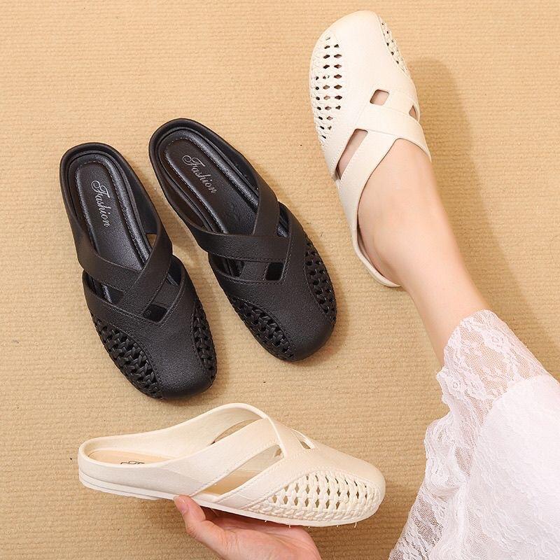 Baotou half slippers women's summer outer wear 2025 new flat-bottomed one-pedal half-support single shoes soft-soled French cool slippers