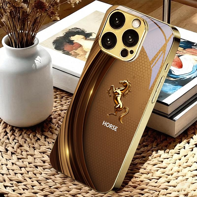Premium Stallion Art Electroplated Golden Phone Case For iPhone 14 17 16 15 13 12 11 Pro Max Plus 16E 17Air XR 7 8 X Glass Cover