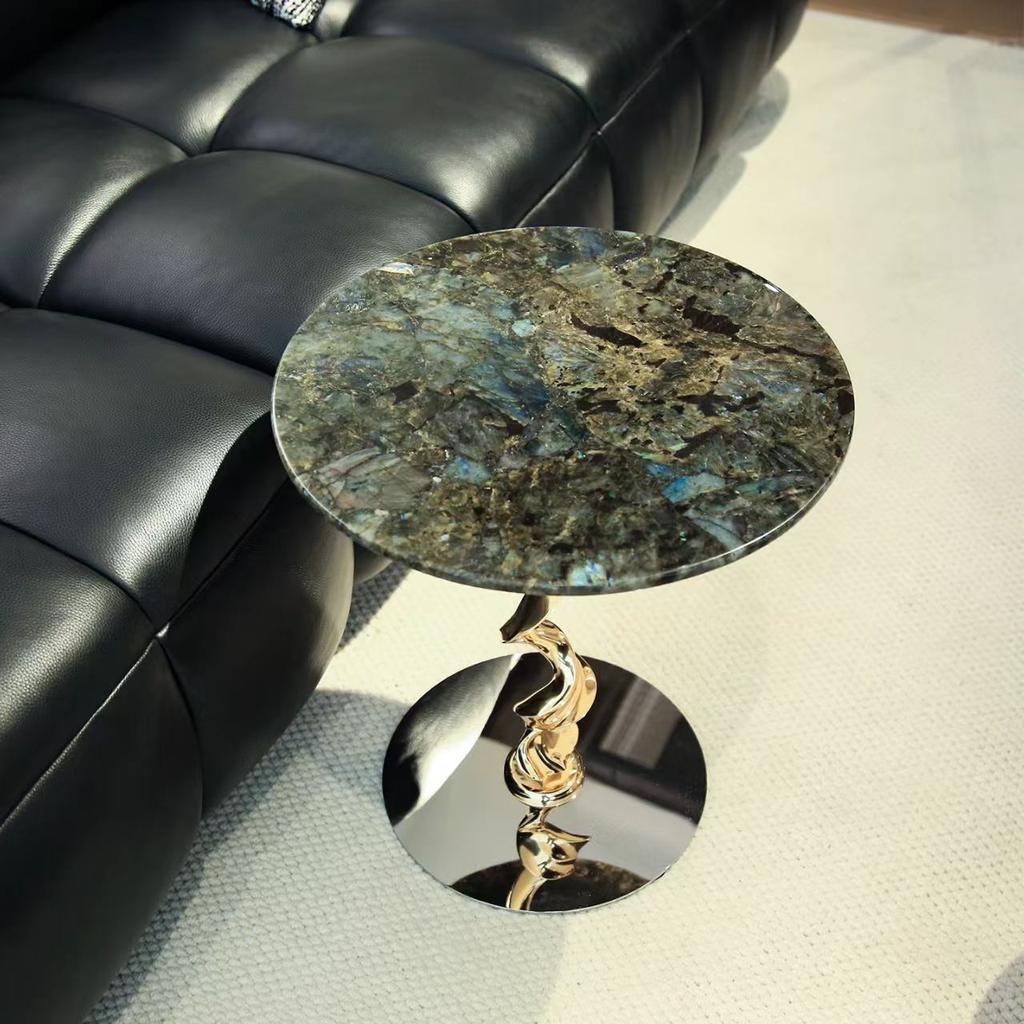 The Side Table Is a Modern, Light Luxury and Simple Round Table with Corner Support Feet and Marble Round Table Base
