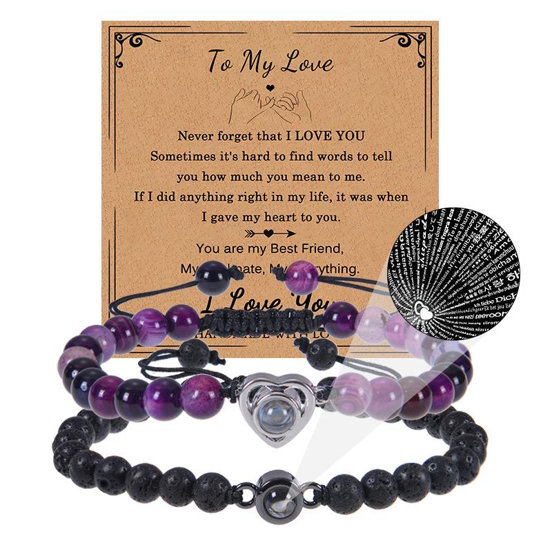 Bracciale con proiezione "Ti amo" in 100 lingue con pietra naturale smerigliata e turchese bianco per coppie