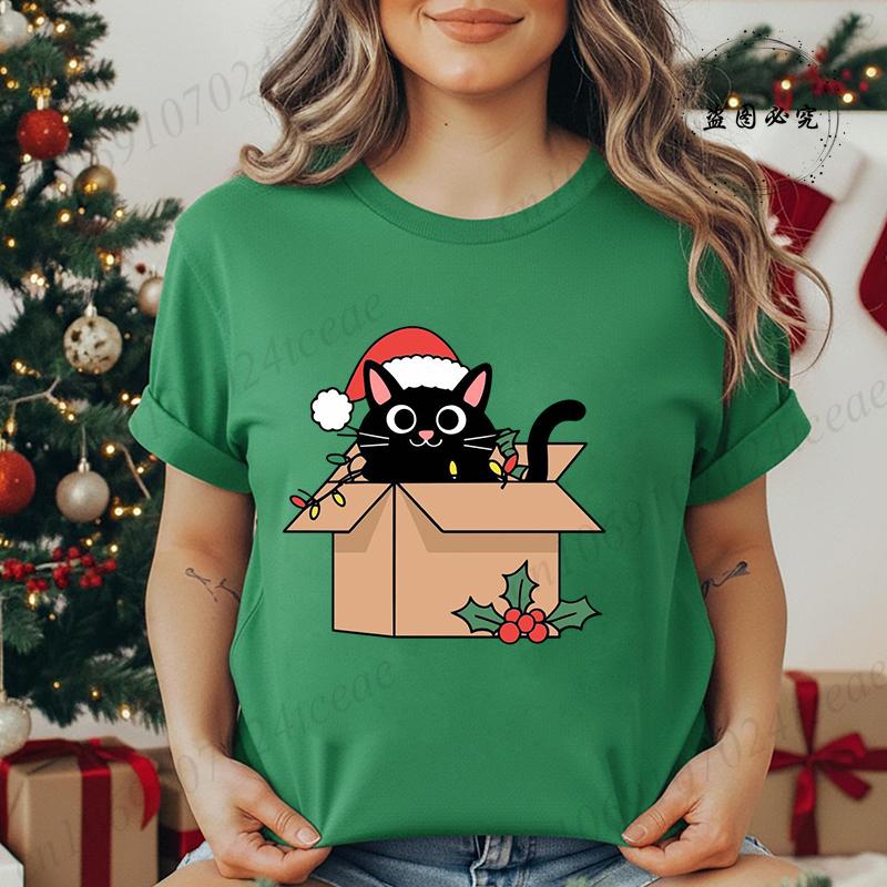 Kitten Xmas Tree Unisexs Casual TShirt Black Cat Christmas Graphic Print TShirts Tops Meowy Xmas Lights Novelty TShirt Tops