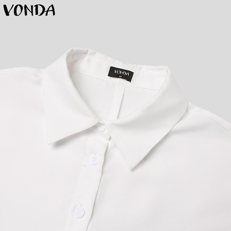 VONDA Elegant Women Lapel Neck Long Sleeve Casual Long Shirts Dress